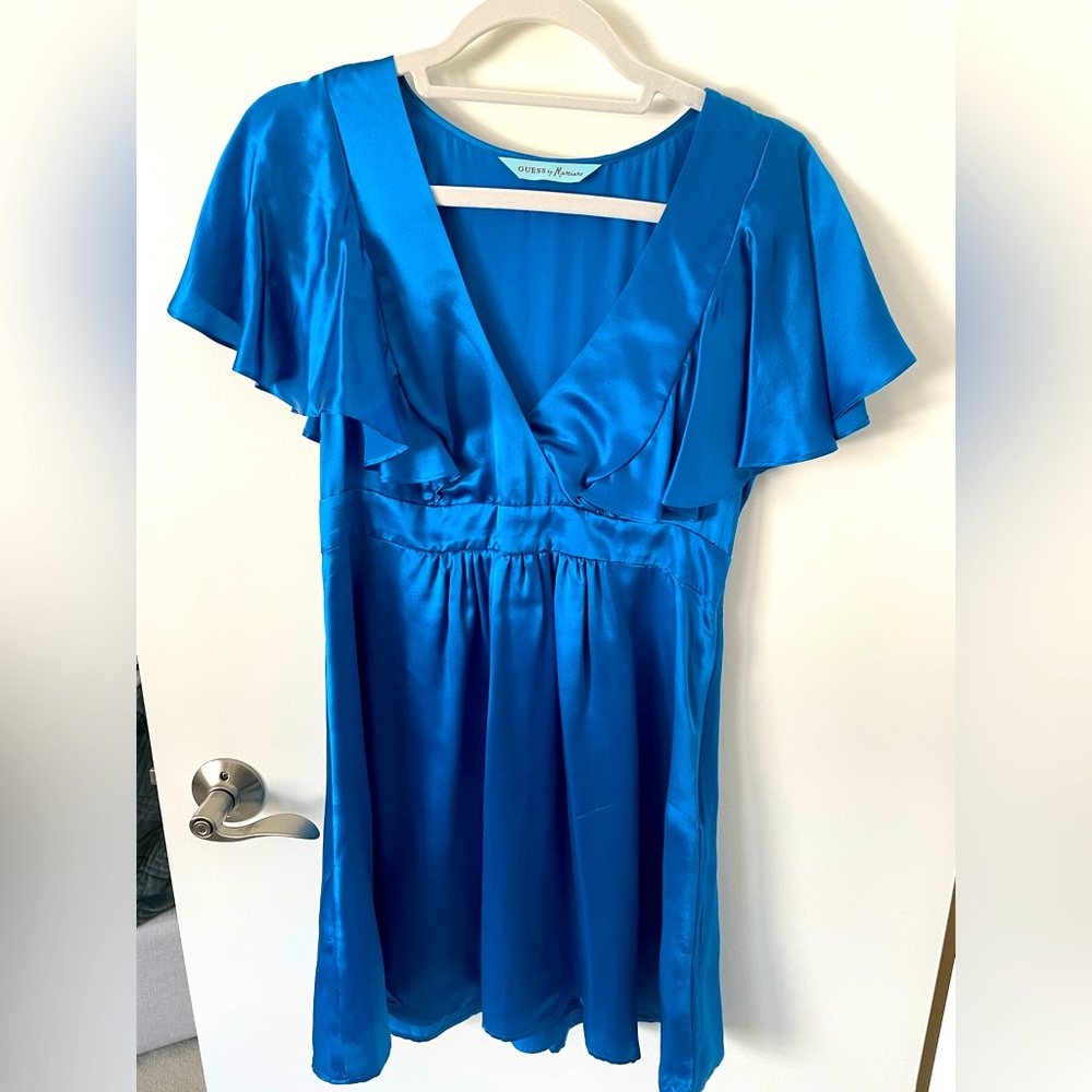 Guess by Marciano Silk Blue V-Neck Dress with Flutter Sleeves